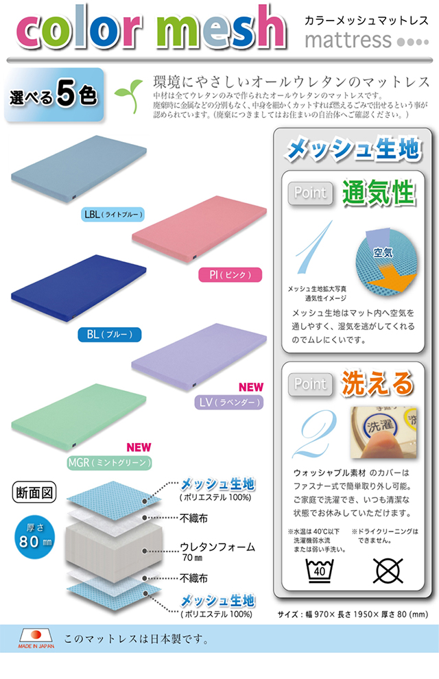 2段ベッド用 マットレス シングル カラーメッシュマットレス ベッドフレームと同時購入価格 洗濯可能 メッシュ生地